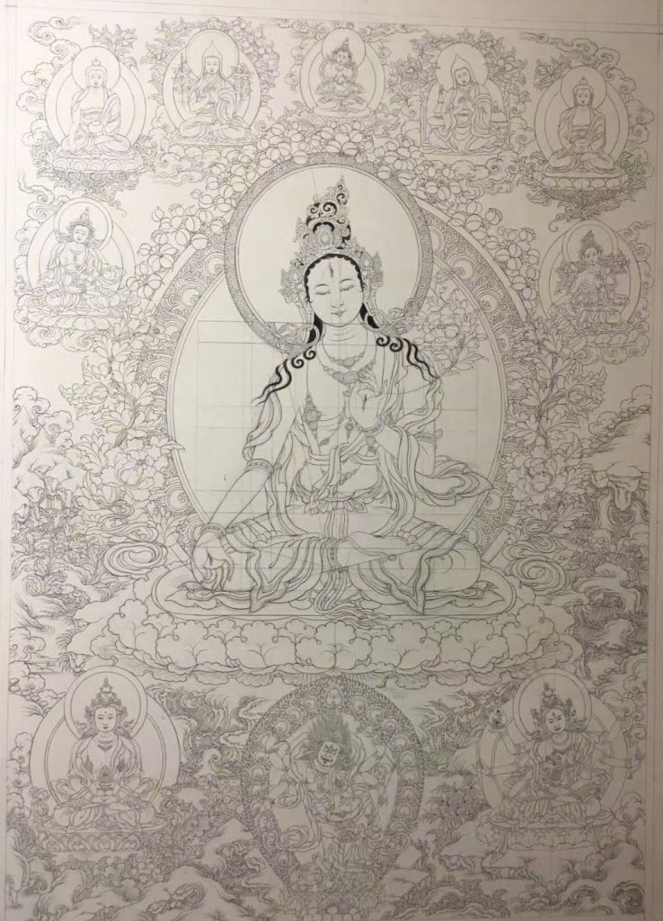 沃唐卡-唐卡白描线稿编号RD25449：白度母·长寿三尊