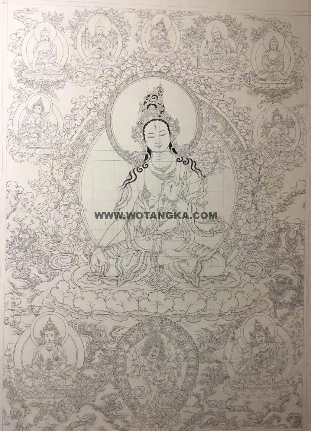 沃唐卡-唐卡白描线稿编号RD25449:白度母·长寿三尊