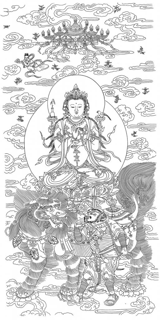 沃唐卡-唐卡白描线稿编号RD26061：骑金毛吼观音菩萨