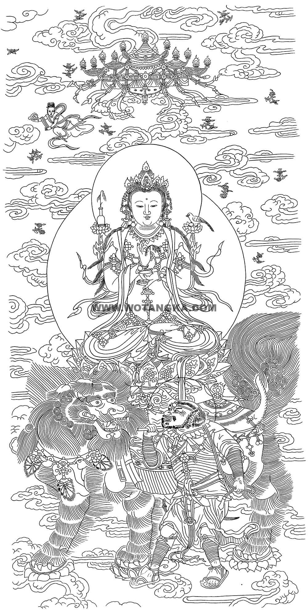 沃唐卡-唐卡白描线稿编号RD26061:骑金毛吼观音菩萨