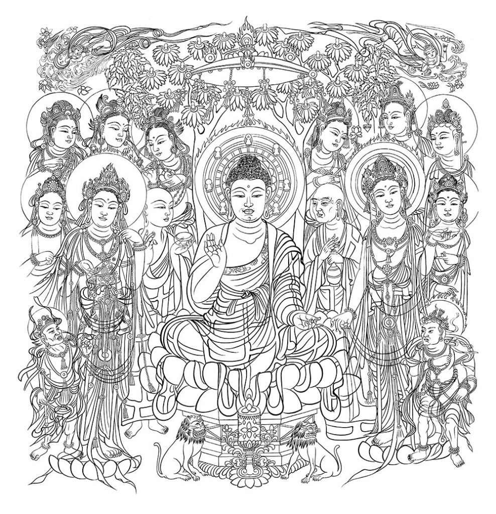 沃唐卡-唐卡白描线稿编号RD27066：敦煌莫高窟·中唐·说法图