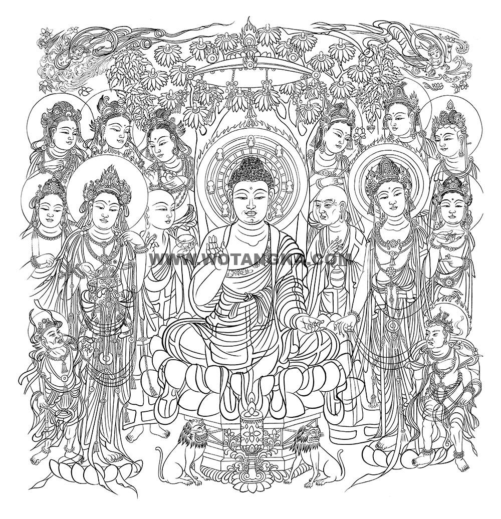 沃唐卡-唐卡白描线稿编号RD27066:敦煌莫高窟·中唐·说法图