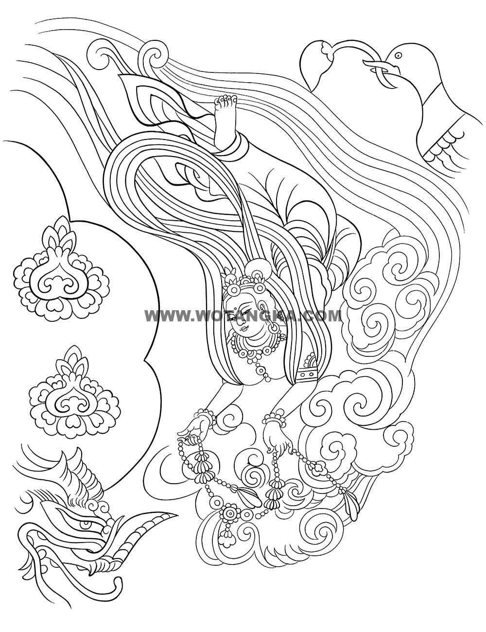 沃唐卡-唐卡白描线稿编号RD29463:敦煌莫高窟·中唐·飞天
