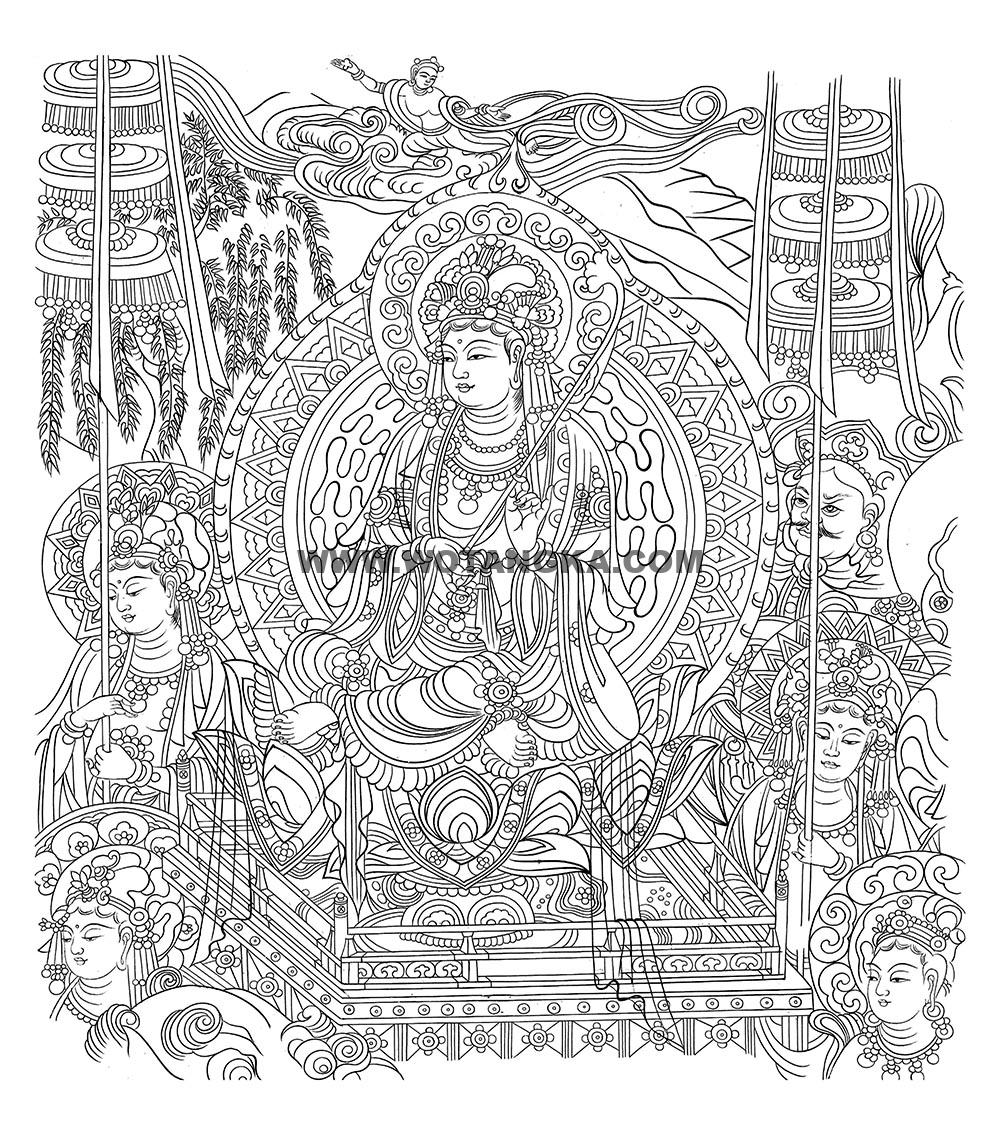沃唐卡-唐卡白描线稿编号RD30172:敦煌莫高窟·中唐·普贤变(局部)