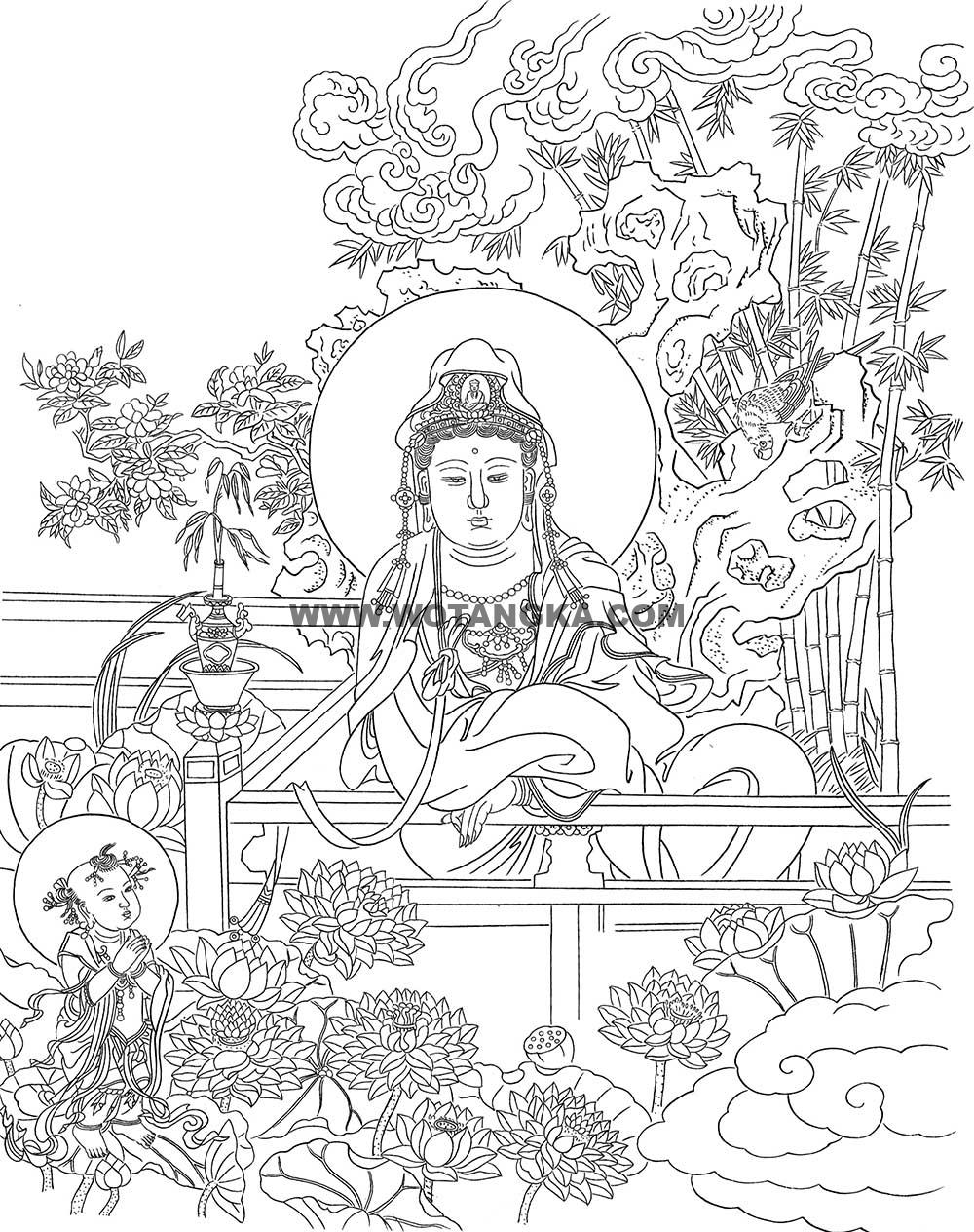 沃唐卡-唐卡白描线稿编号RD38228:水月观音