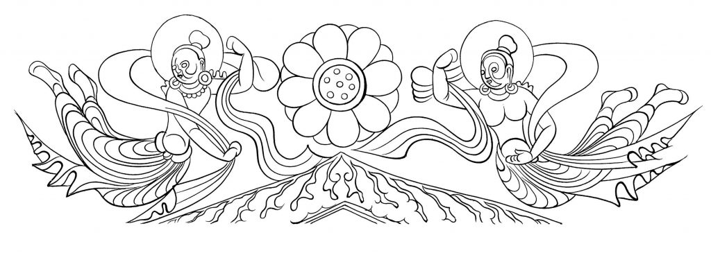 沃唐卡-唐卡白描线稿编号RD38309：敦煌莫高窟·北魏·飞天