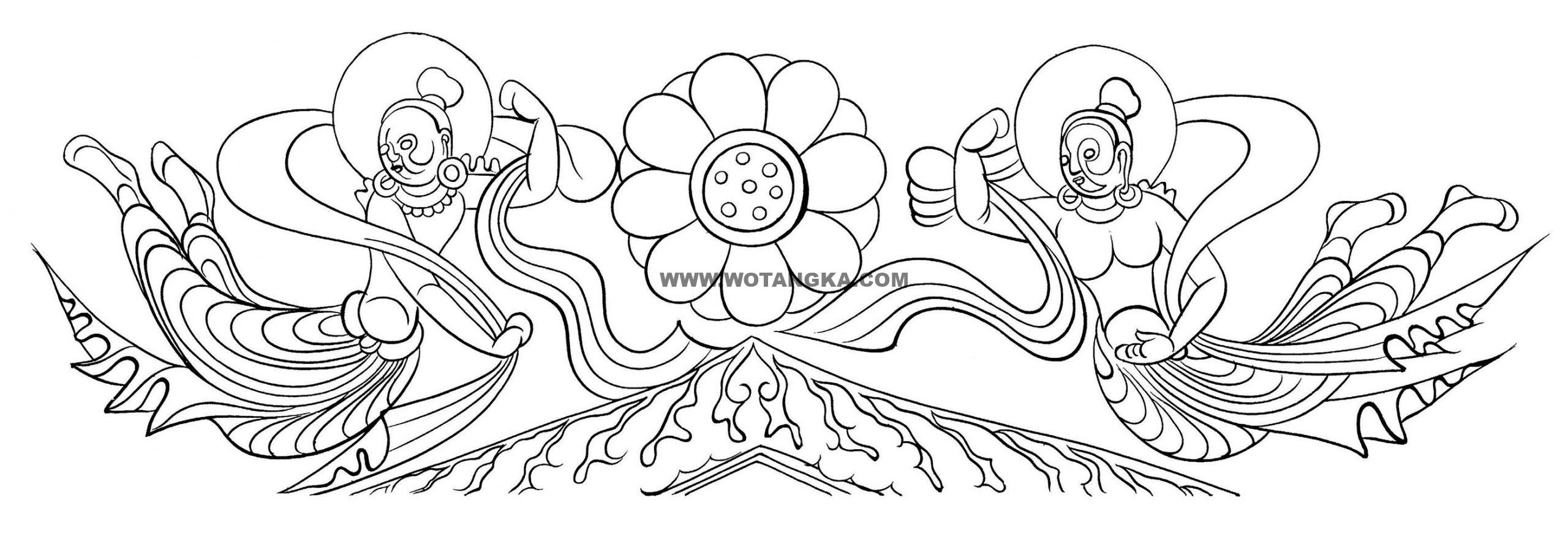沃唐卡-唐卡白描线稿编号RD38309:敦煌莫高窟·北魏·飞天