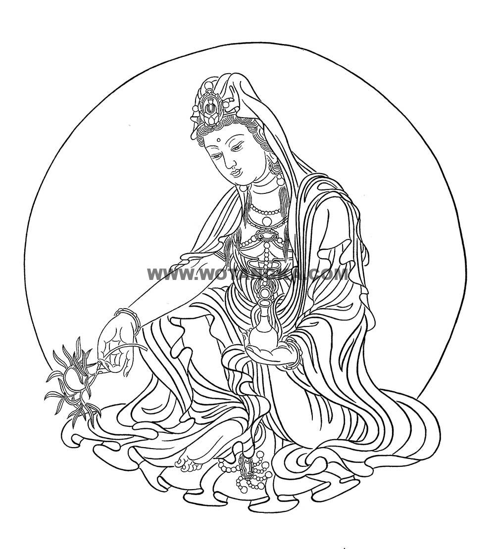 沃唐卡-唐卡白描线稿编号RD39432:净瓶观音