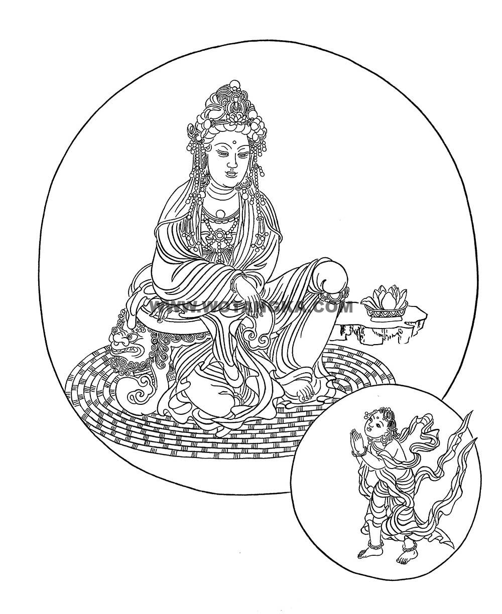 沃唐卡-唐卡白描线稿编号RD39817：骑狮观音