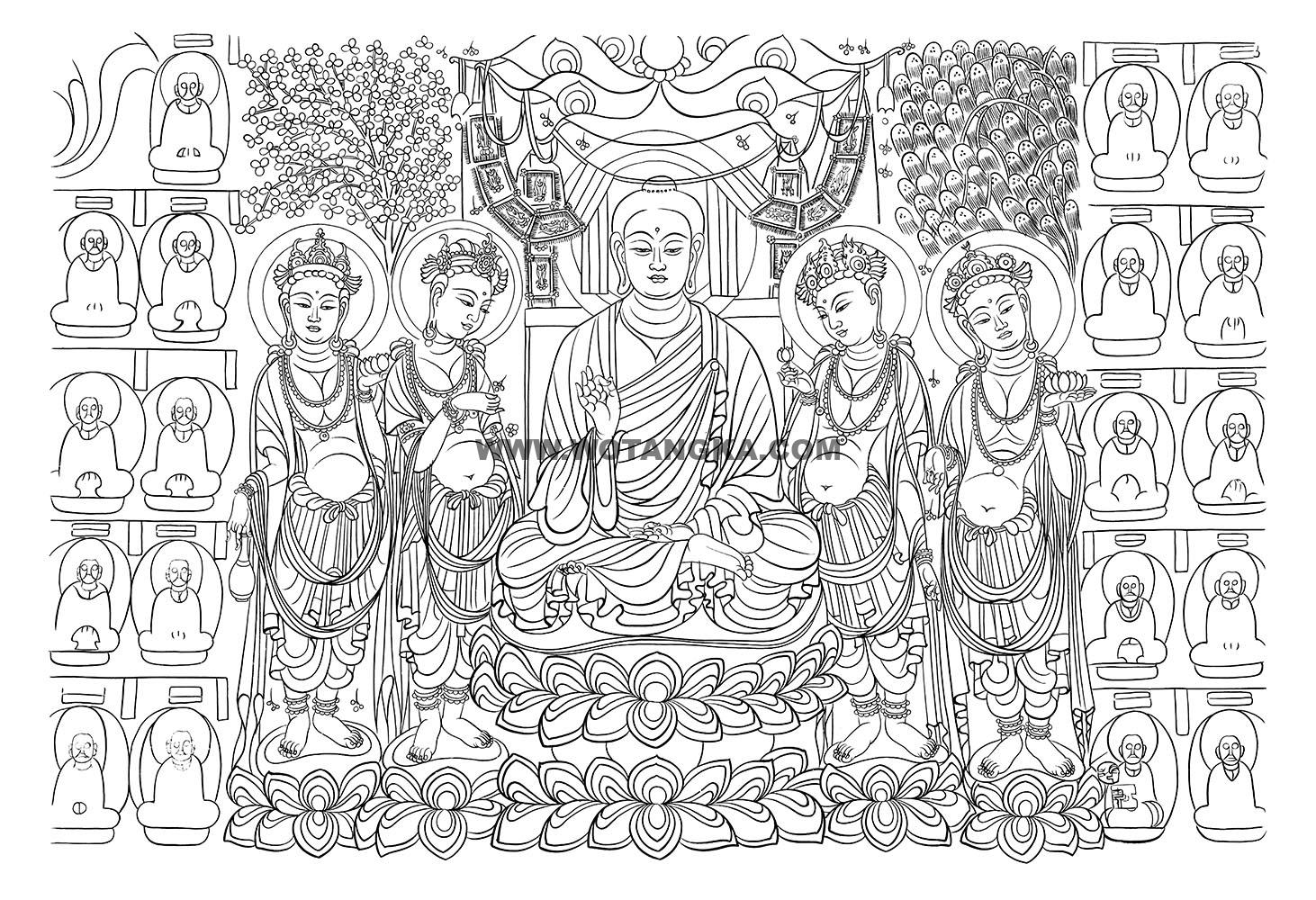 沃唐卡-唐卡白描线稿编号RD41112：敦煌莫高窟·唐代·说法图