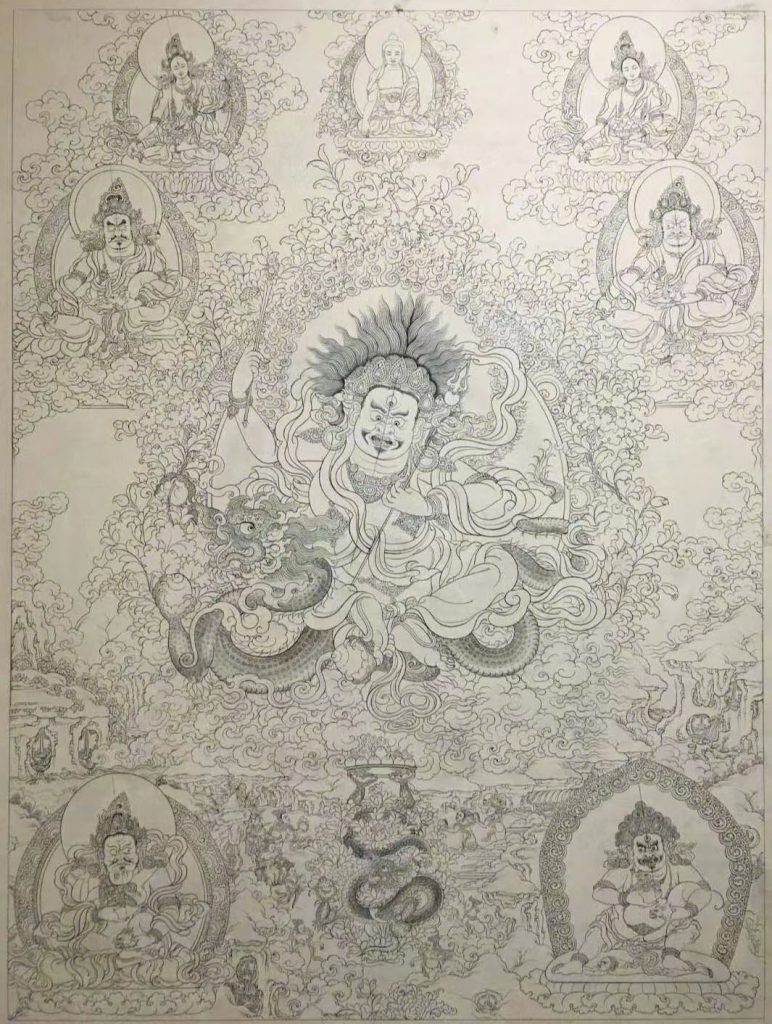 沃唐卡-唐卡白描线稿编号RD42783：白财神·五方财神