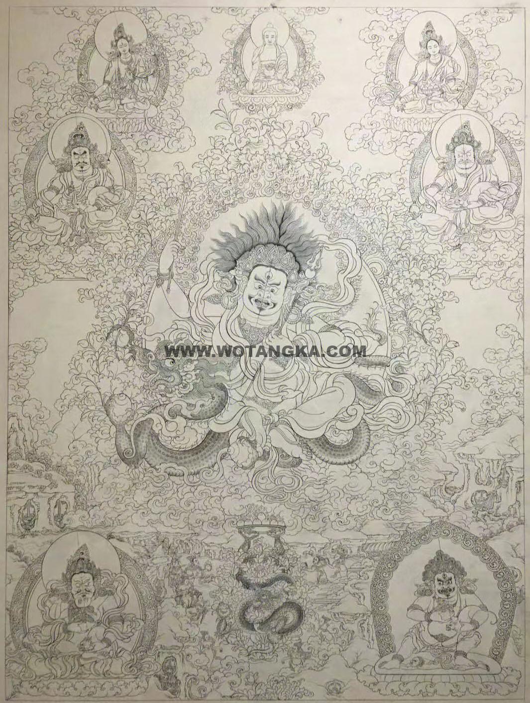 沃唐卡-唐卡白描线稿编号RD42783:白财神·五方财神
