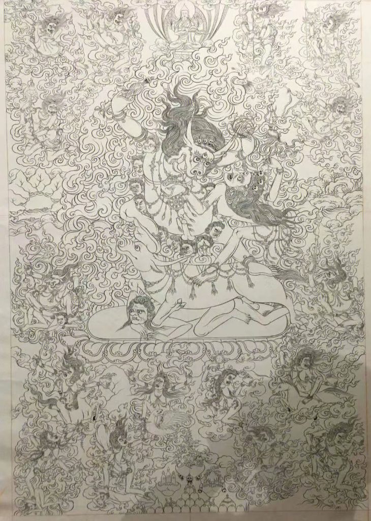 沃唐卡-唐卡白描线稿编号RD46438：外阎罗护法
