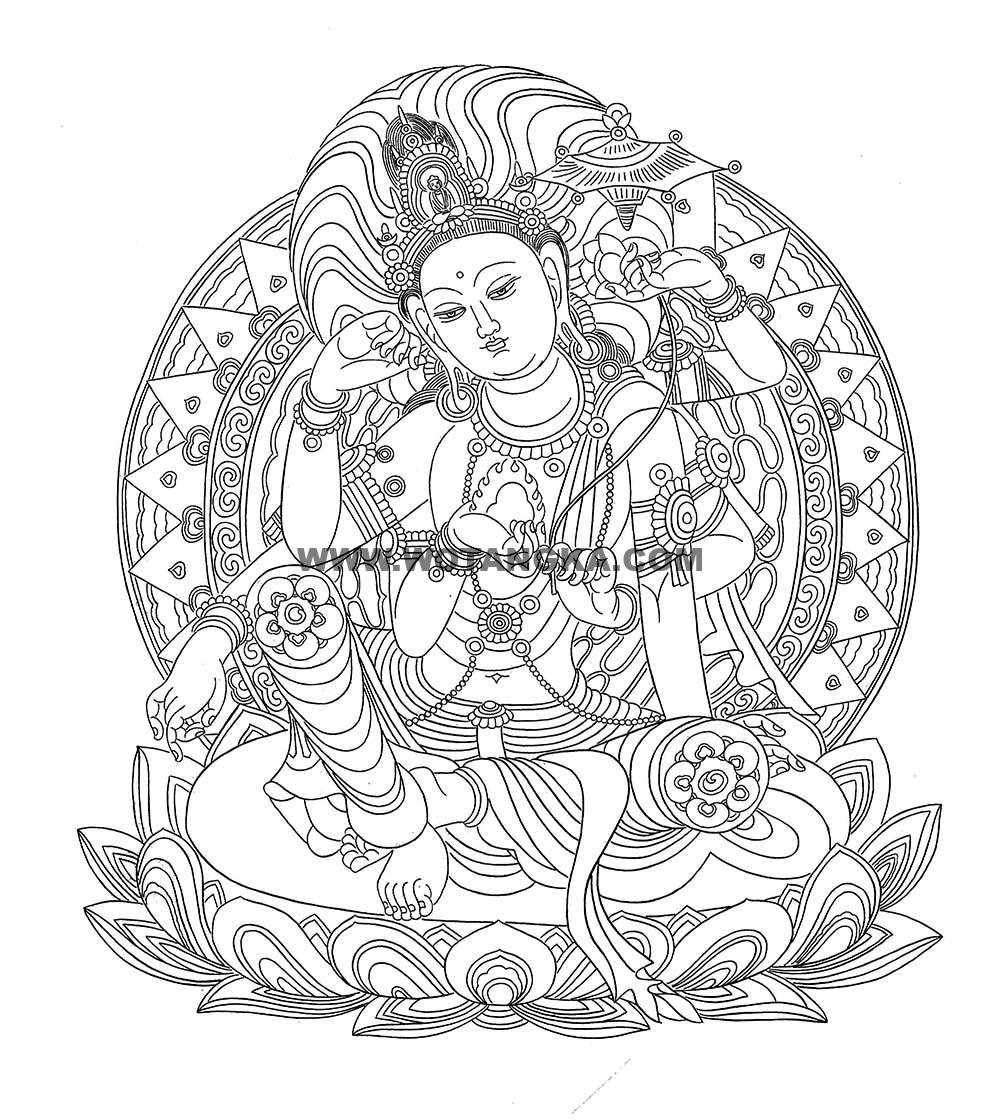 沃唐卡-唐卡白描线稿编号RD47695:六臂观音