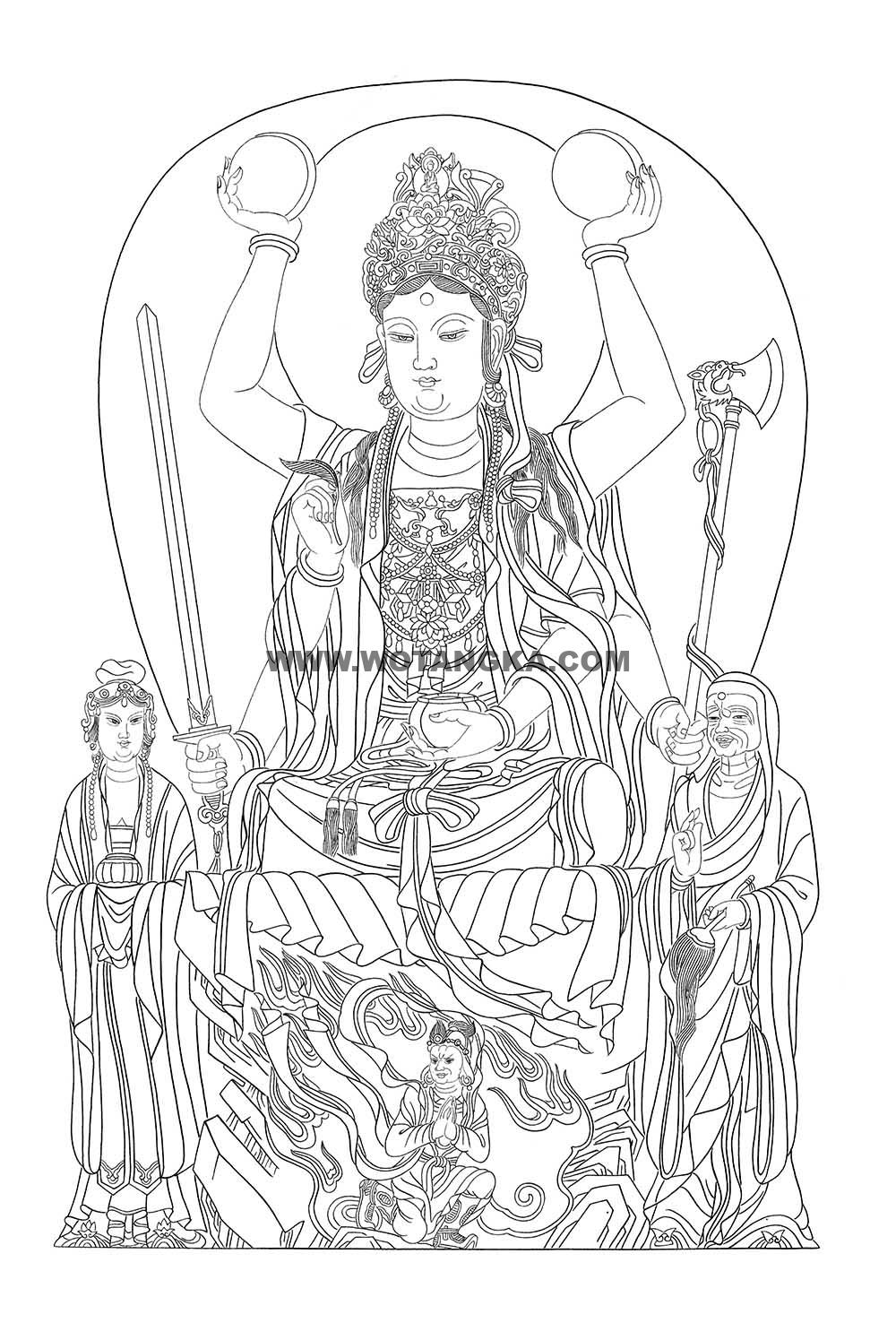 沃唐卡-唐卡白描线稿编号RD47816：六臂观音