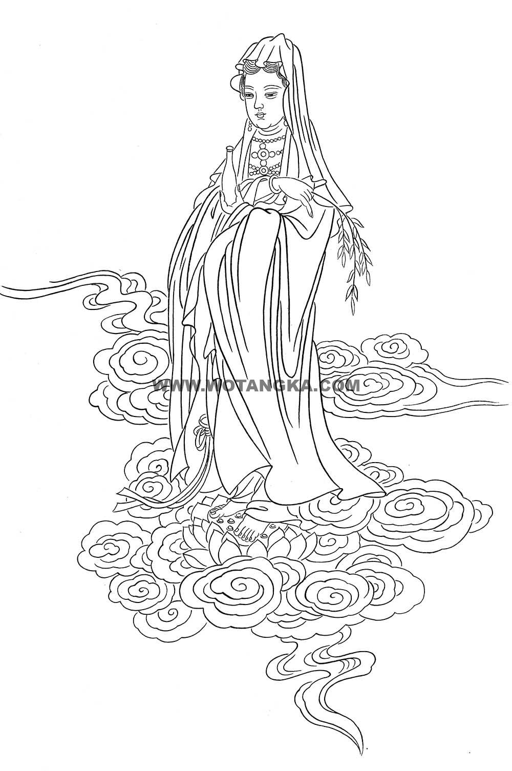 沃唐卡-唐卡白描线稿编号RD49874:杨柳枝观音
