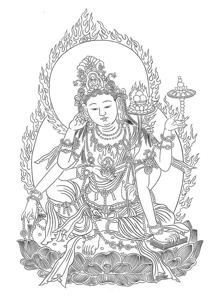 沃唐卡-唐卡白描线稿编号RD52565：六臂观音