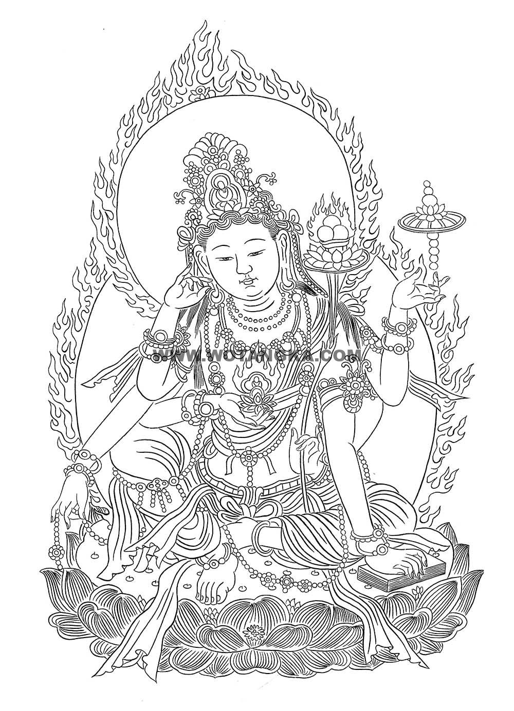 沃唐卡-唐卡白描线稿编号RD50540:六臂观音