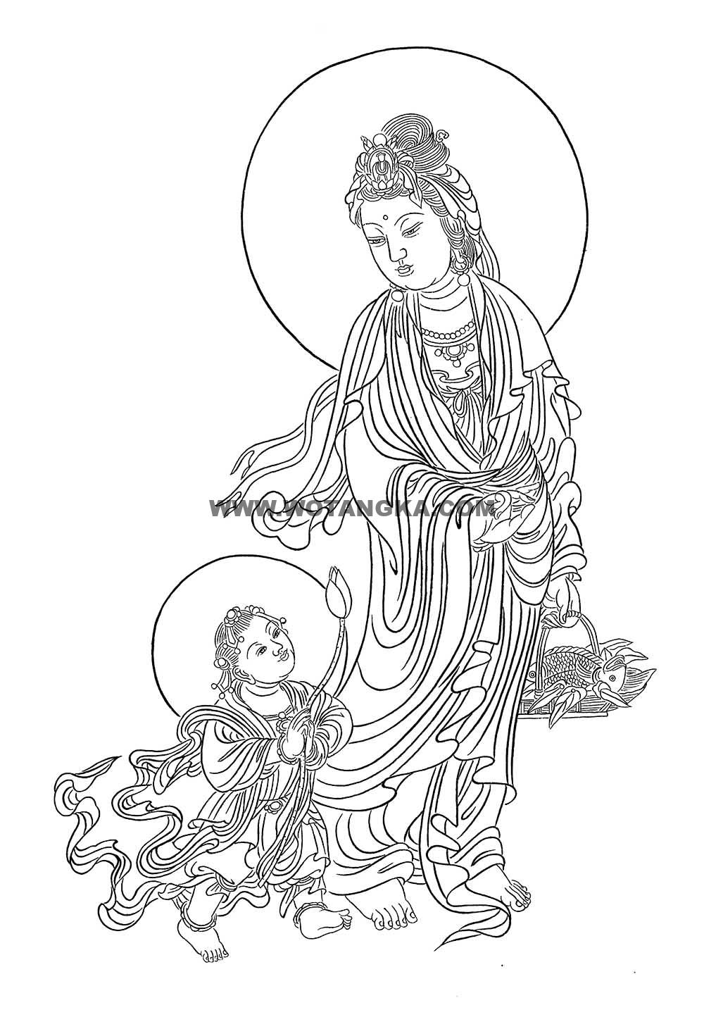 沃唐卡-唐卡白描线稿编号RD56088:送子观音