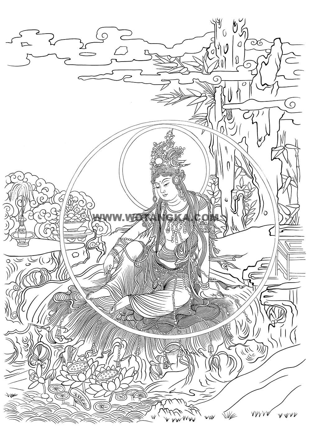 沃唐卡-唐卡白描线稿编号RD56940：榆林窟·西夏·水月观音