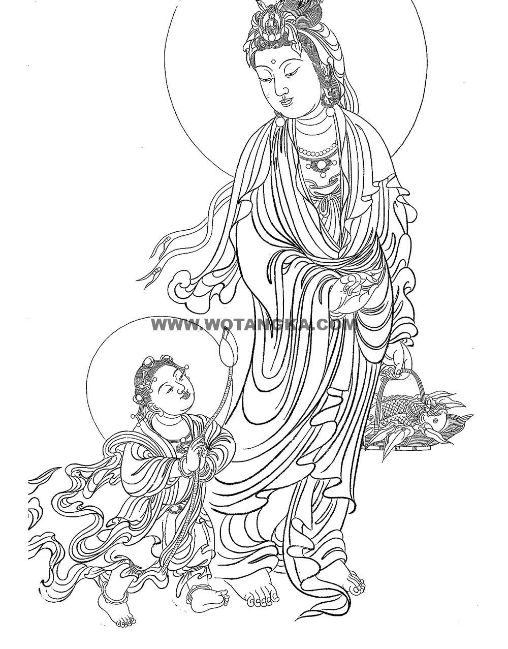 沃唐卡-唐卡白描线稿编号RD58224:送子观音
