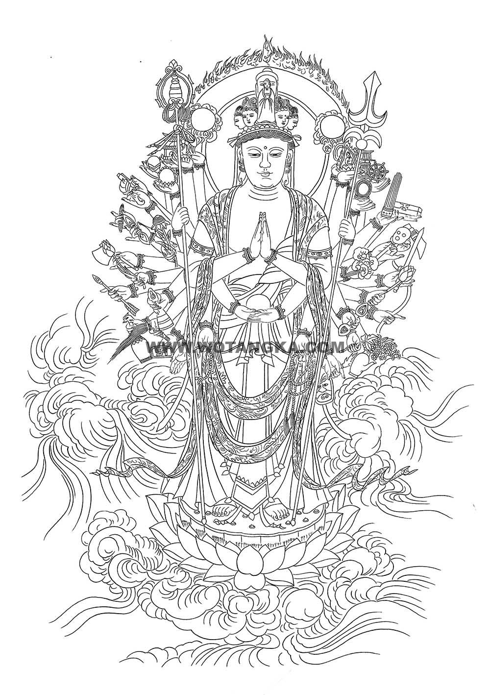沃唐卡-唐卡白描线稿编号RD59461:千手观音