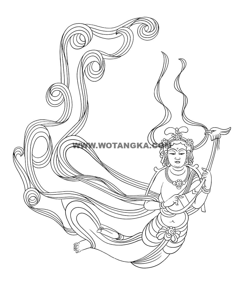 沃唐卡-唐卡白描线稿编号RD62338:榆林窟·吐蕃时代·飞天