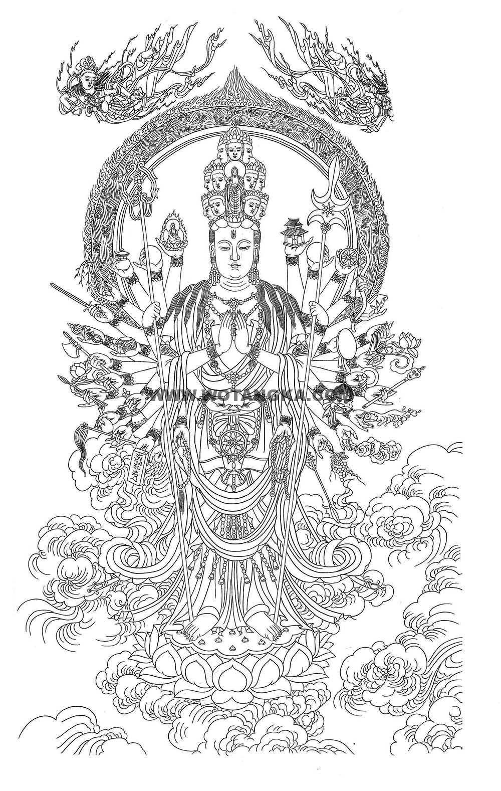 沃唐卡-唐卡白描线稿编号RD62641：千手观音