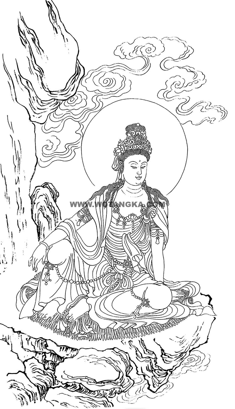 沃唐卡-唐卡白描线稿编号RD63949:水月观音