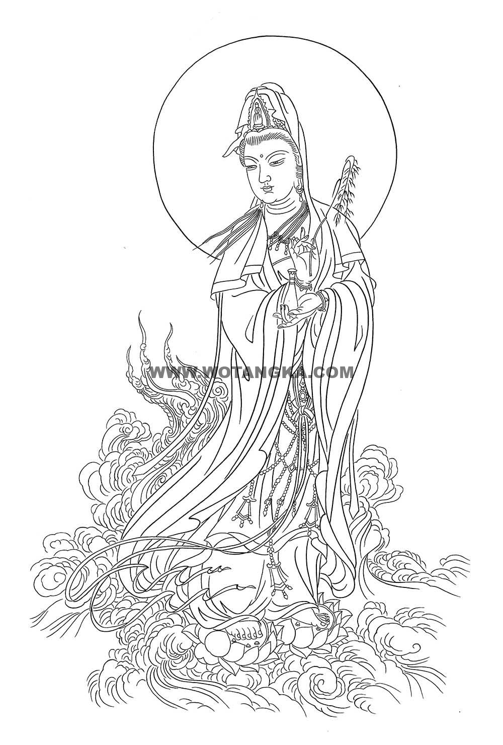 沃唐卡-唐卡白描线稿编号RD79530：杨柳枝观音