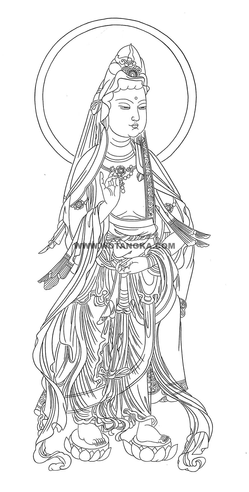 沃唐卡-唐卡白描线稿编号RD84790:踏莲观音