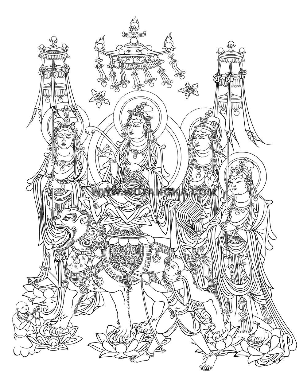 沃唐卡-唐卡白描线稿编号RD84876:榆林窟·西夏·文殊变