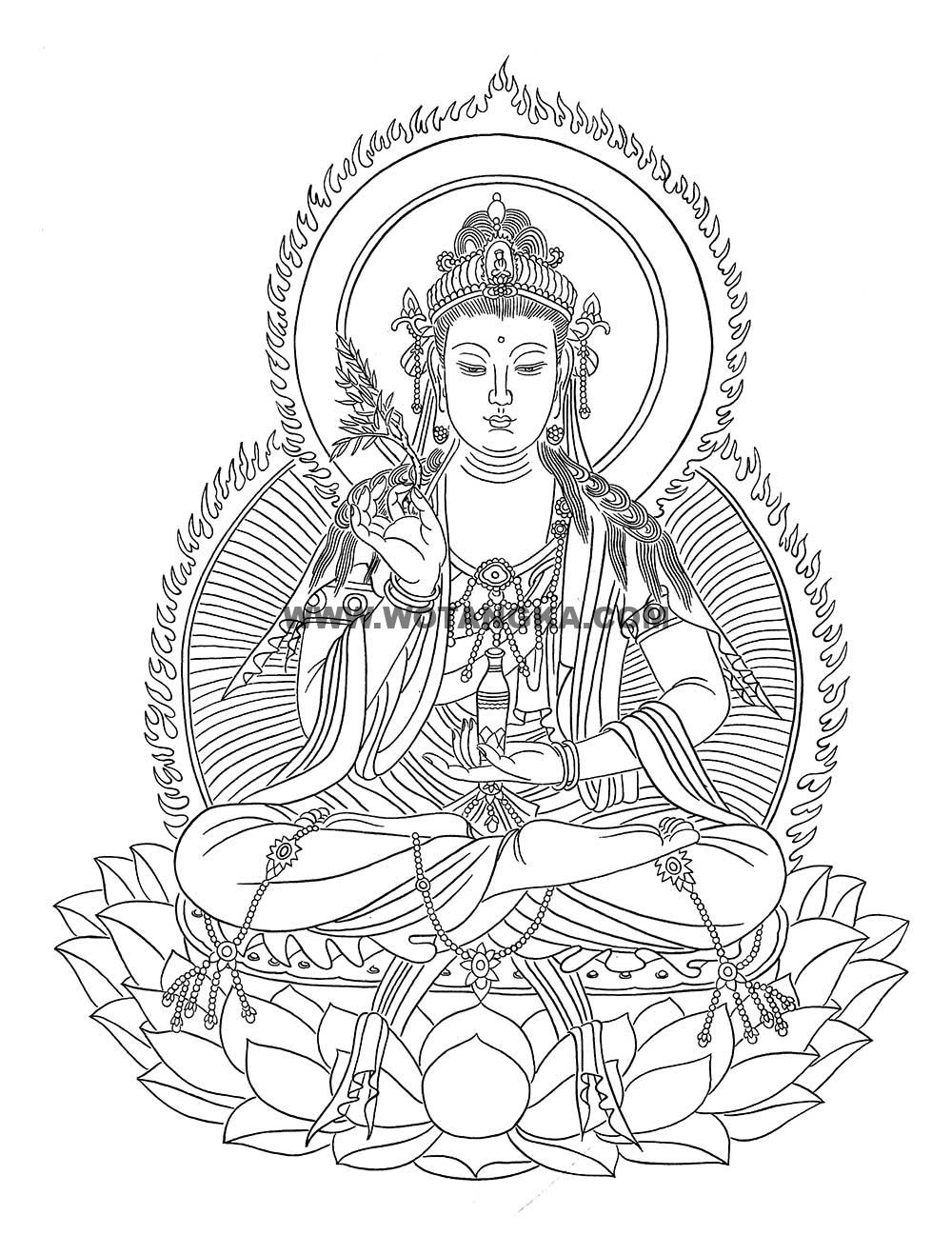 沃唐卡-唐卡白描线稿编号RD88490:净瓶观音