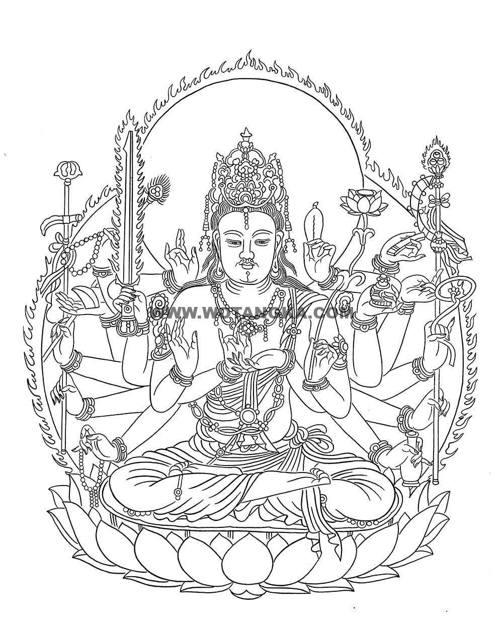 沃唐卡-唐卡白描线稿编号RD89014:千手观音