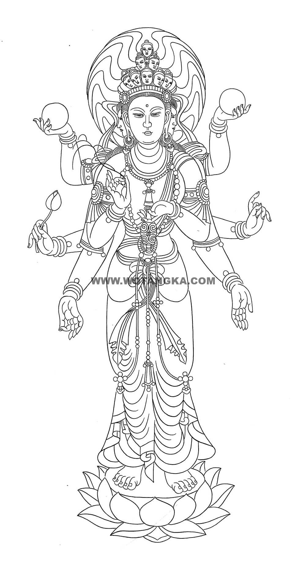 沃唐卡-唐卡白描线稿编号RD89601:八臂观音