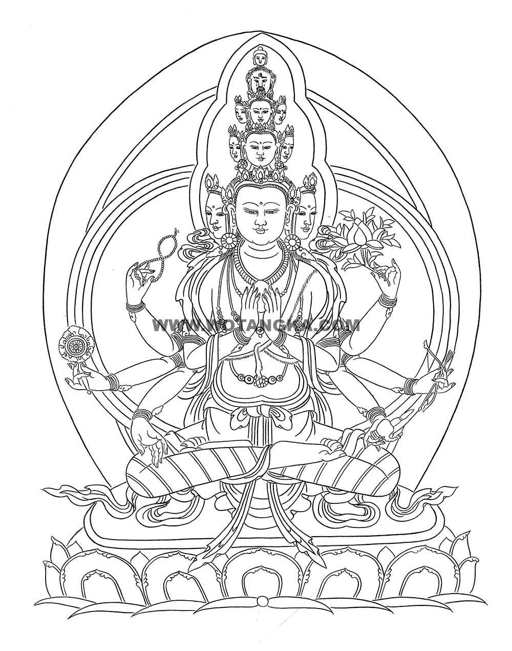 沃唐卡-唐卡白描线稿编号RD90150:八臂观音