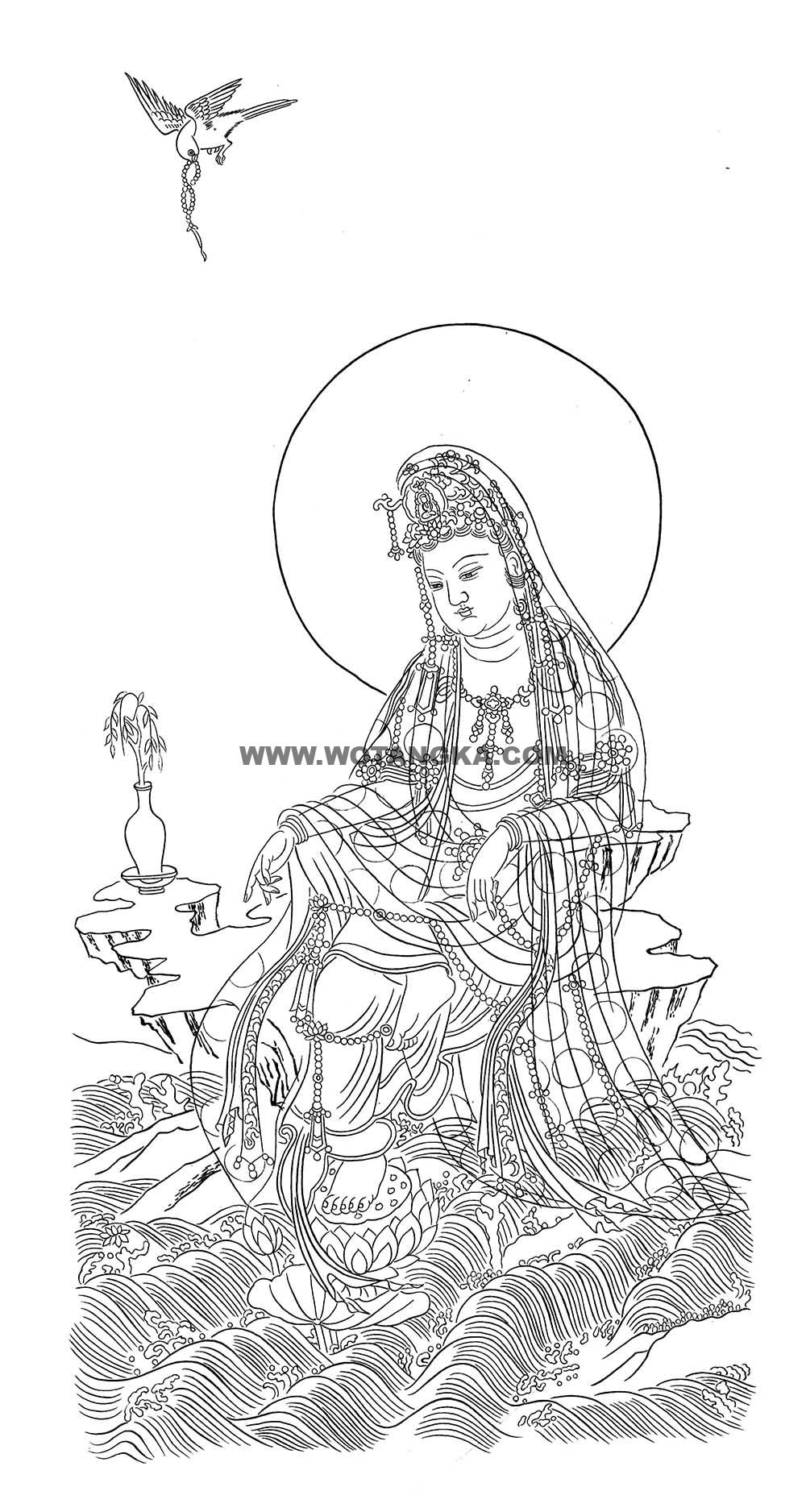 沃唐卡-唐卡白描线稿编号RD91996:净瓶观音