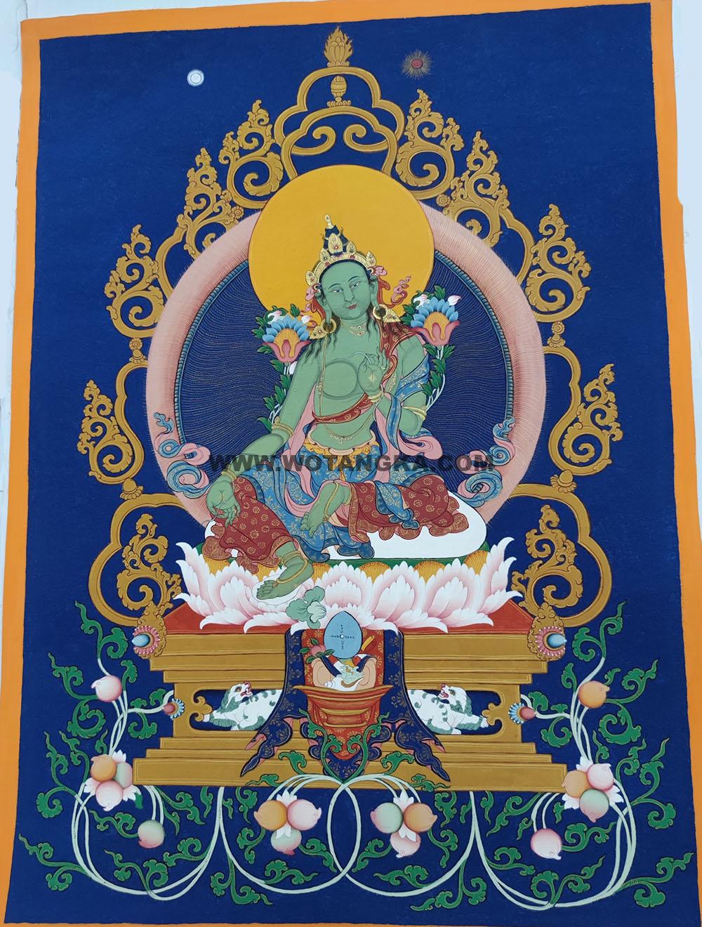 ｜已结缘·可定制｜唐卡寄卖编号：JM·138-184253-绿度母吉祥花平安供养图（蓝唐）