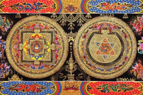 编号138-259012：彩绘唐卡-六字真言双吉祥坛城（47*93CM左右）