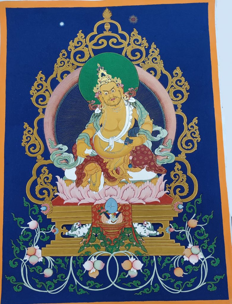 ｜已结缘·可定制｜唐卡寄卖编号：JM·138-315735-黄财神吉祥雪莲财富供养图（蓝唐）