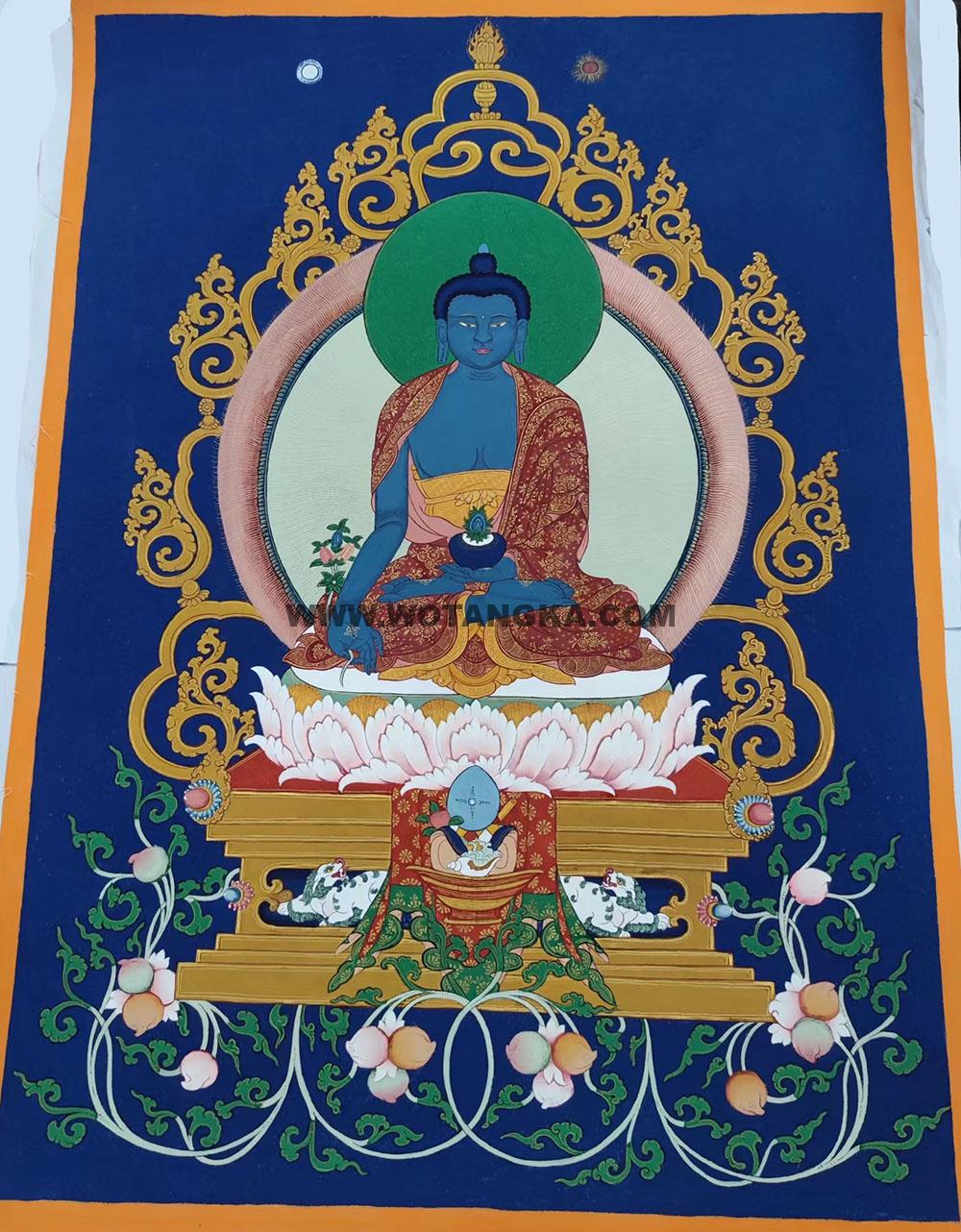 ｜已结缘·可定制｜唐卡寄卖编号：JM·138-507650-药师佛吉祥雪莲健康平安供养图（蓝唐）