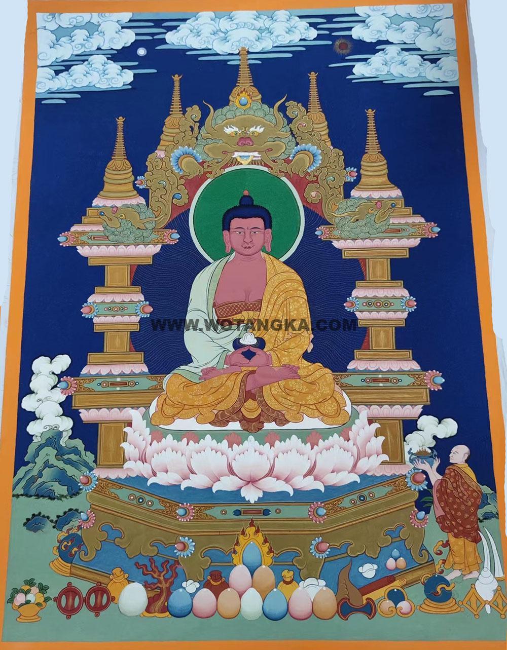 |已结缘·可定制|唐卡寄卖编号:JM·138-793613-阿弥陀佛极乐大佛塔平安供养图(蓝唐)