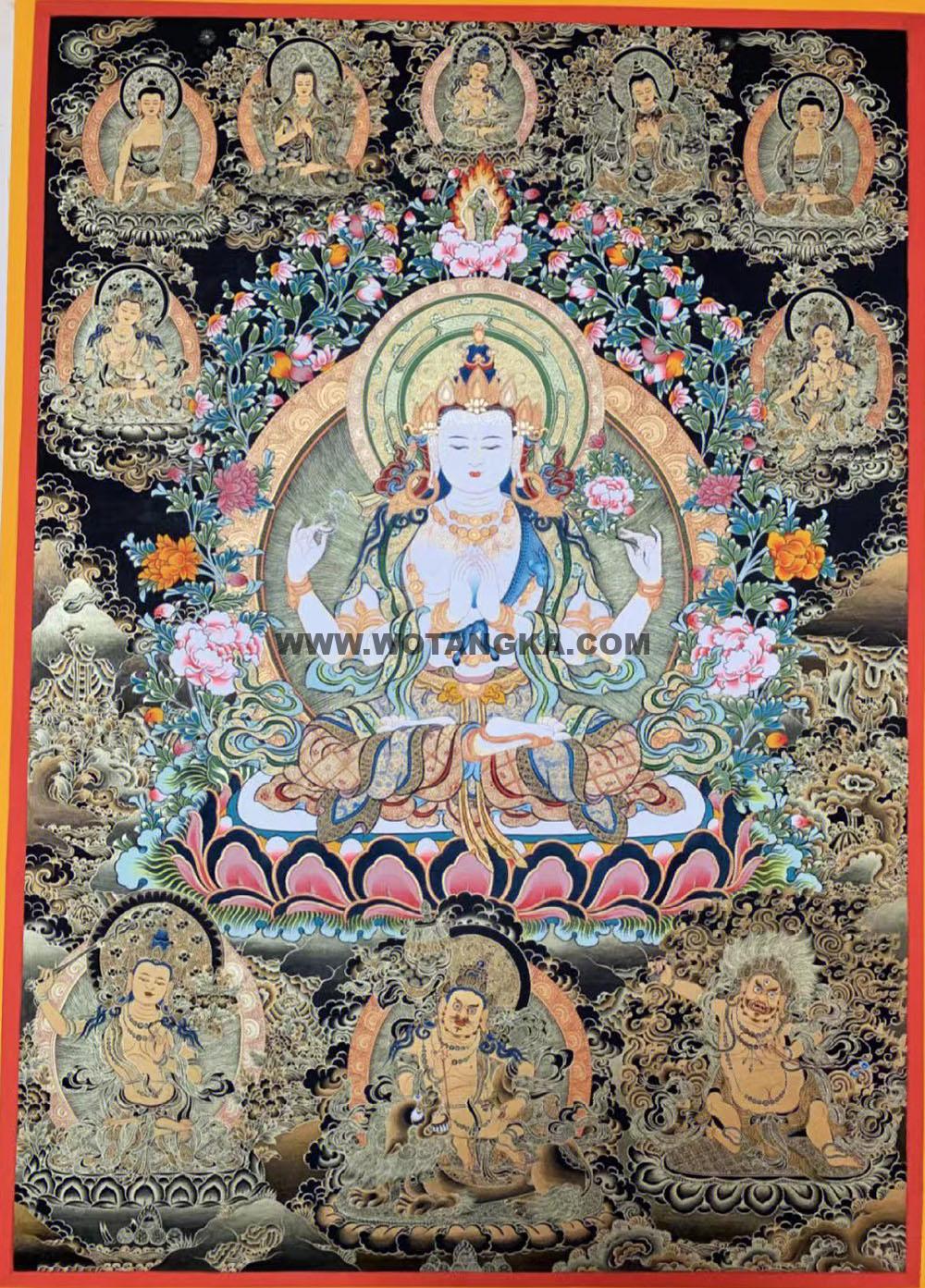 热贡-桑杰才让·画院:黑金唐卡-四臂观音·三怙主(100*70CM左右)