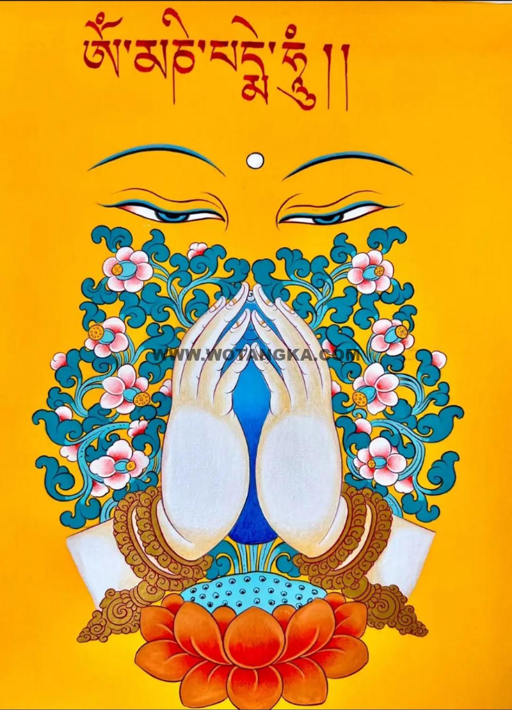 |已结缘·可定制|唐卡寄卖编号:JM·188-603579-四臂观音合十握摩尼宝吉祥供养图(彩唐)