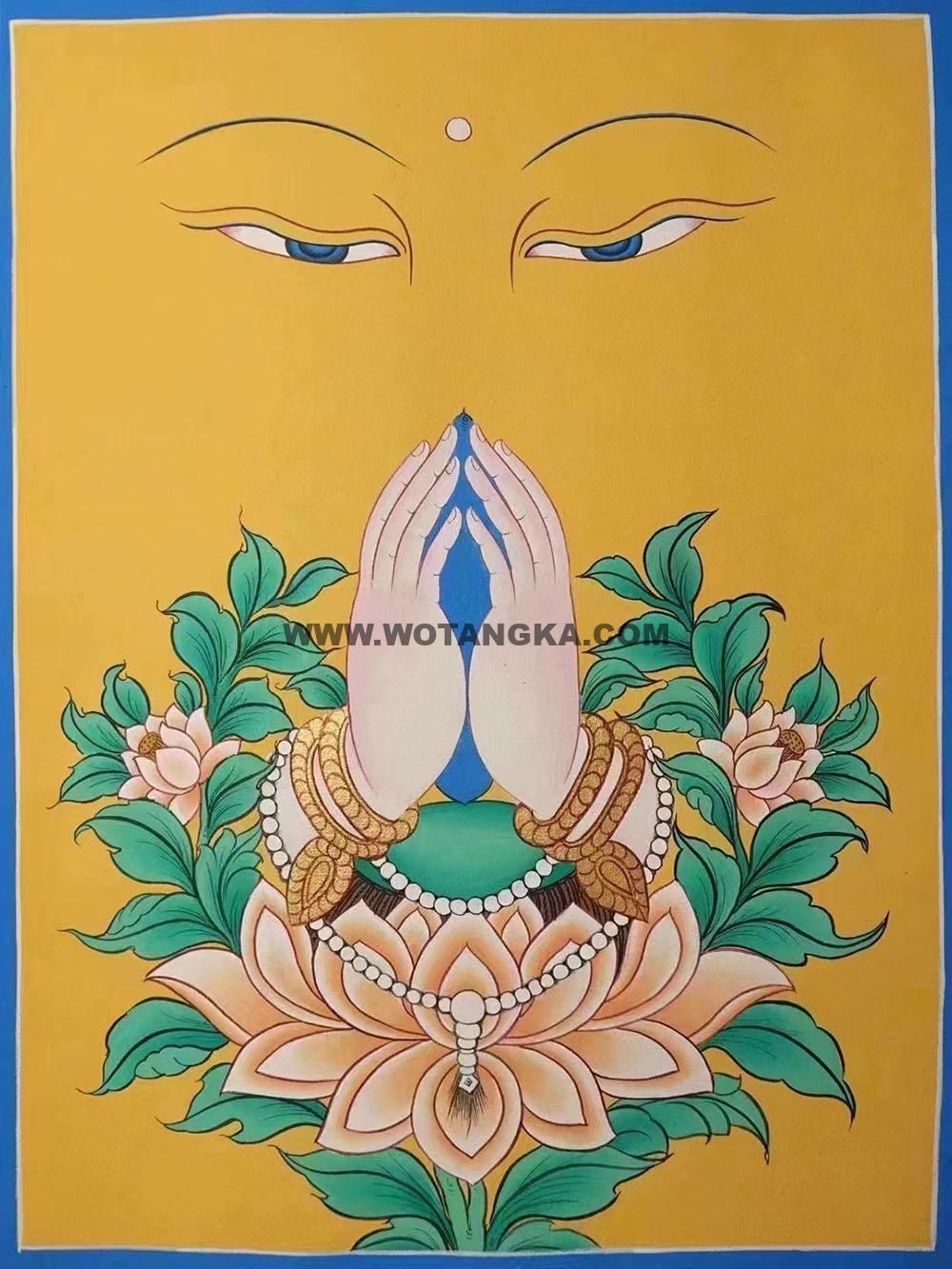 热贡-扎巴:彩绘唐卡-四臂观音·佛手(30*20CM左右)