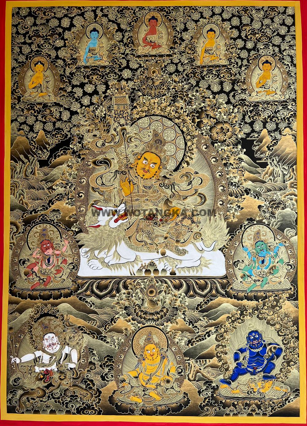 热贡-尼玛顿珠·画院：黑金唐卡-财宝天王·五方财神（100*70CM左右）
