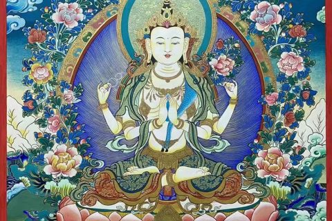 ｜已结缘·可定制｜唐卡寄卖编号：JM·188-987156-四臂观音雪域朝圣慈悲吉祥供养图（彩唐）