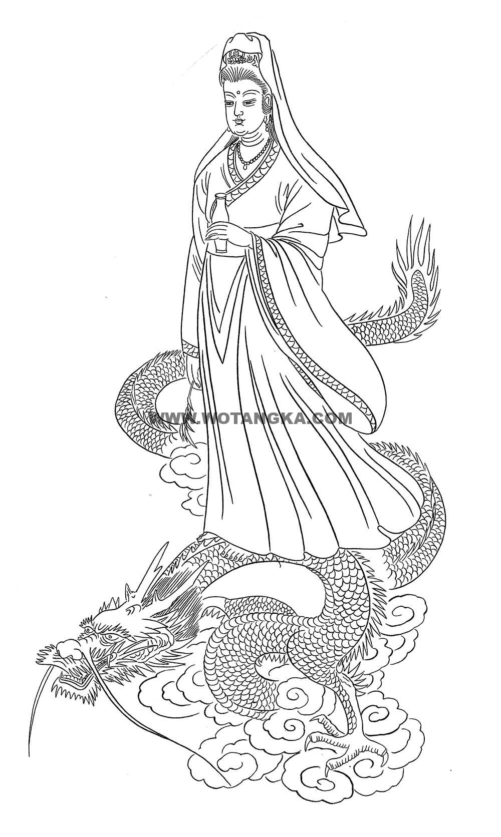 沃唐卡-唐卡白描线稿编号RD44623：御龙观音