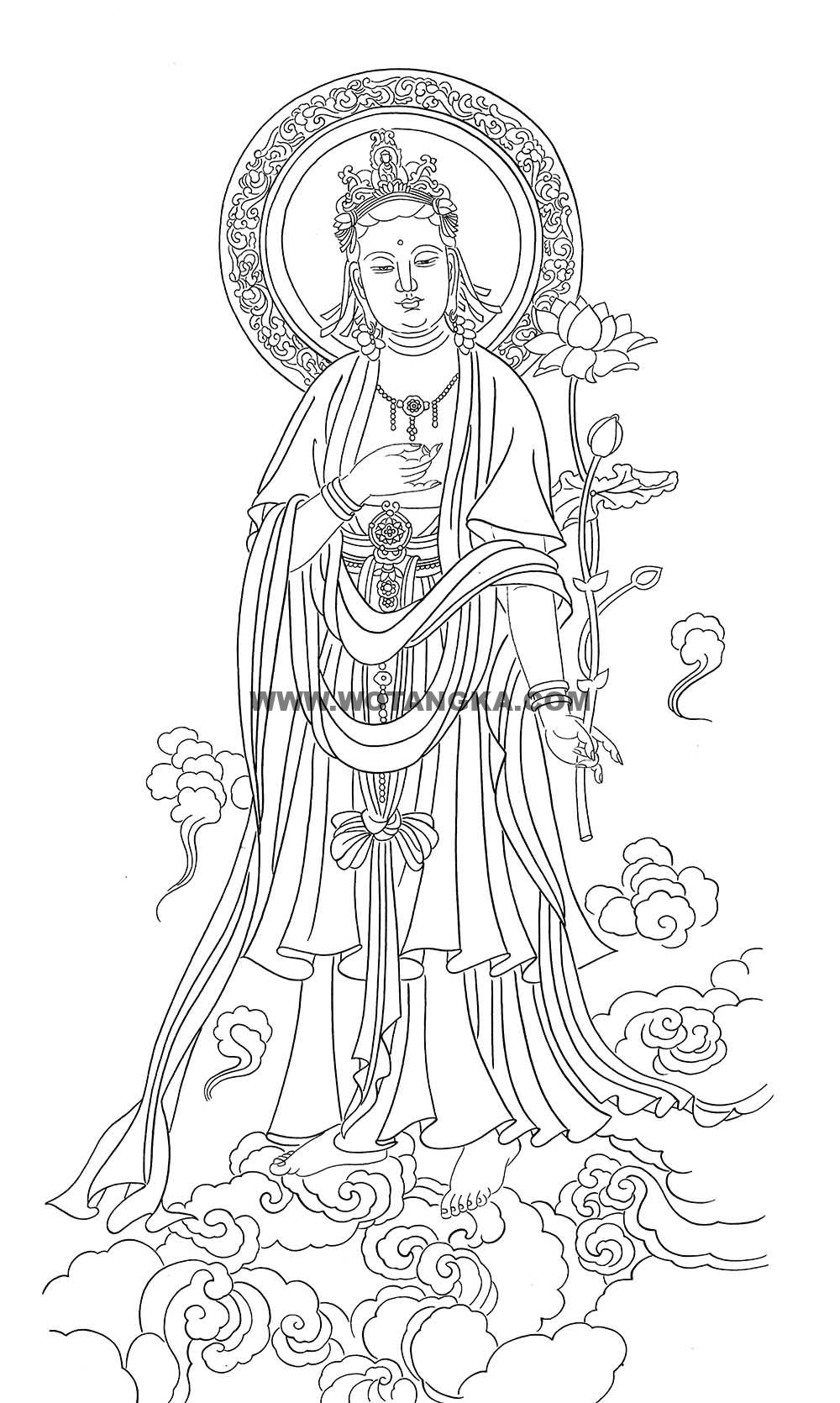 沃唐卡-唐卡白描线稿编号RD49408：持莲观音