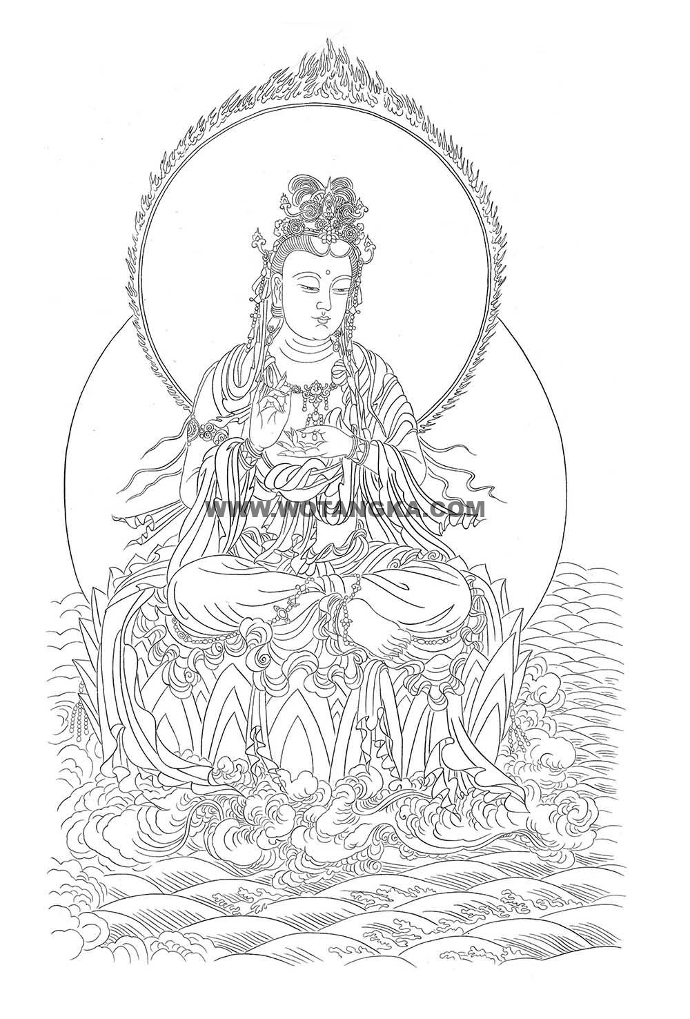 沃唐卡-唐卡白描线稿编号RD57808:圆光观音